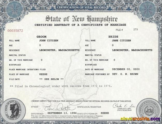 USA New Hampshire marriage certificate